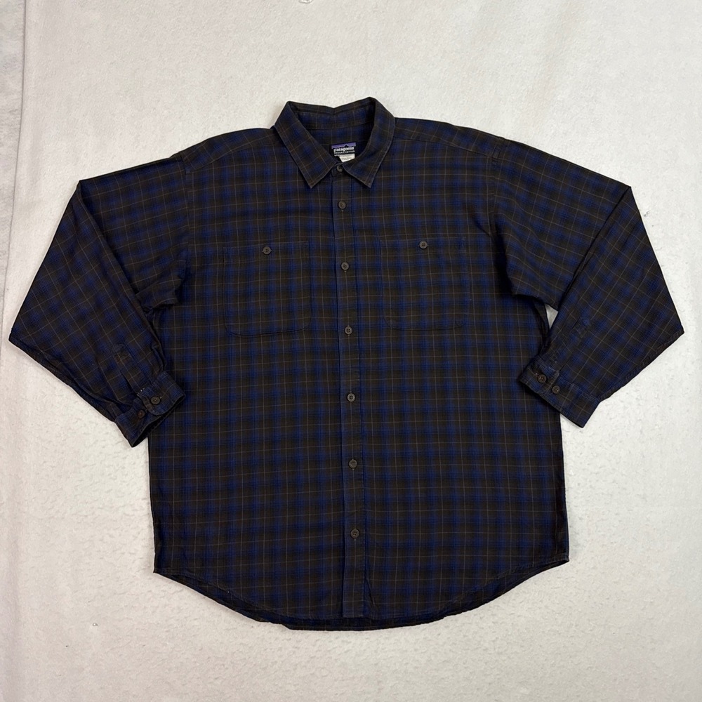 Patagonia Men's Large Pima Cotton Plaid Long Sleeve Button Shirt Blue Black